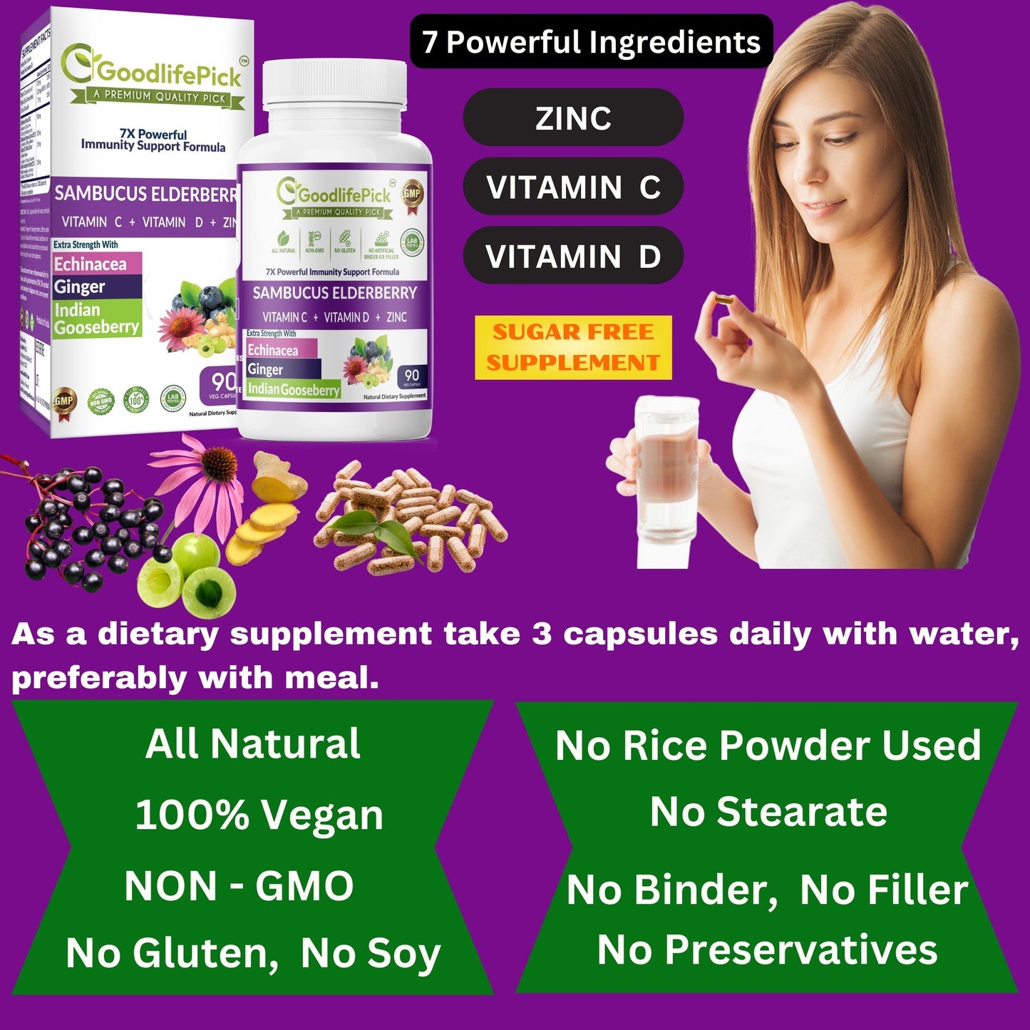 Best Elderberry Blend with 7 Ingredients Sambucus Elderberry Echinacea Zinc Vitamin C & D Ginger & Indian Gooseberry SugarFree, Natural NonGMO-90 capsules