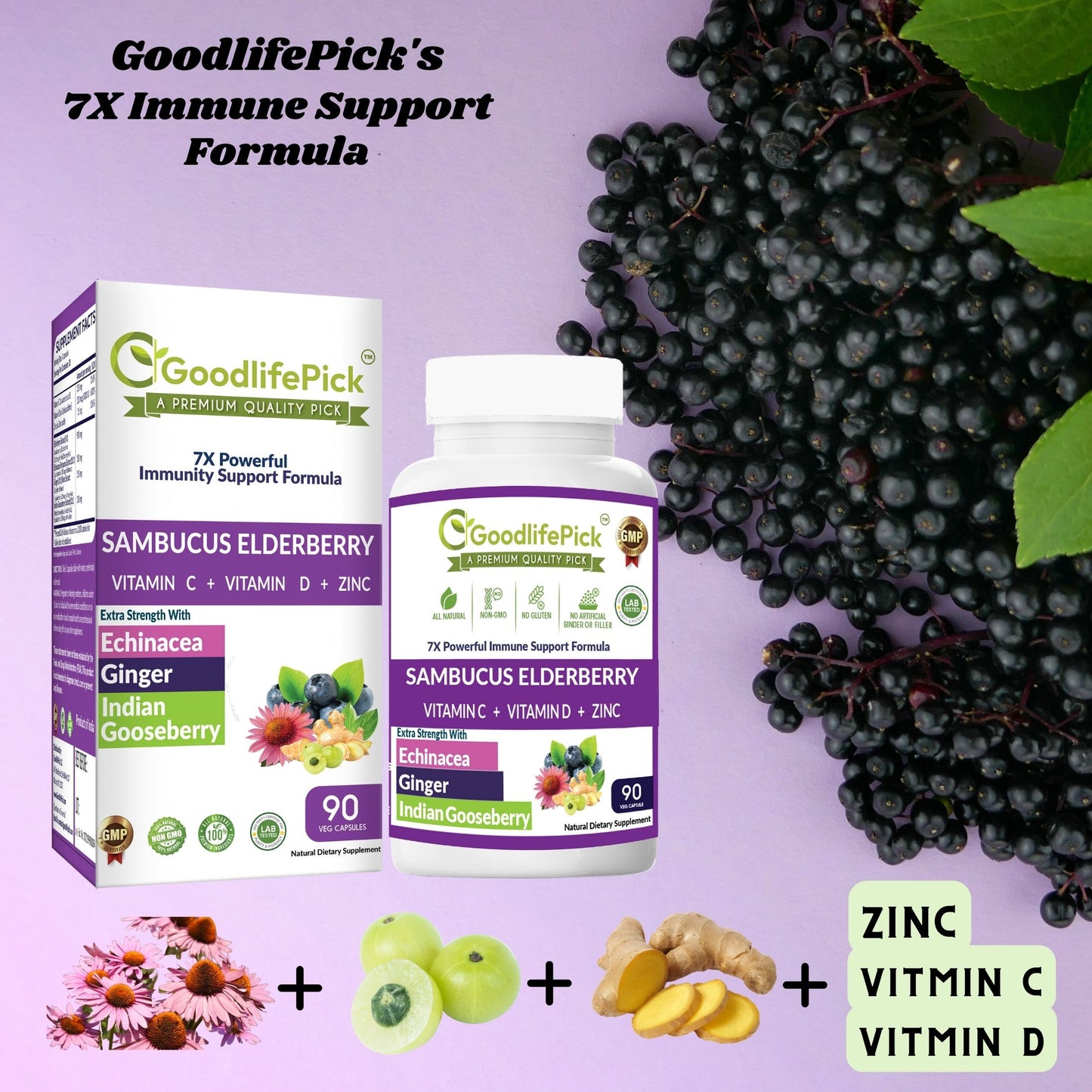 Best Elderberry Blend with 7 Ingredients Sambucus Elderberry Echinacea Zinc Vitamin C & D Ginger & Indian Gooseberry SugarFree, Natural NonGMO-90 capsules