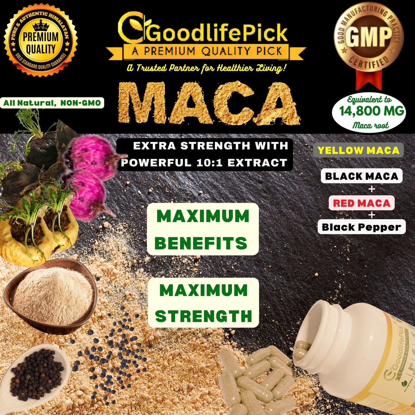 Best Maca Root Capsules with Black Pepper-150 capsules from Peruvian Yellow Maca , Red Maca & Black Maca.