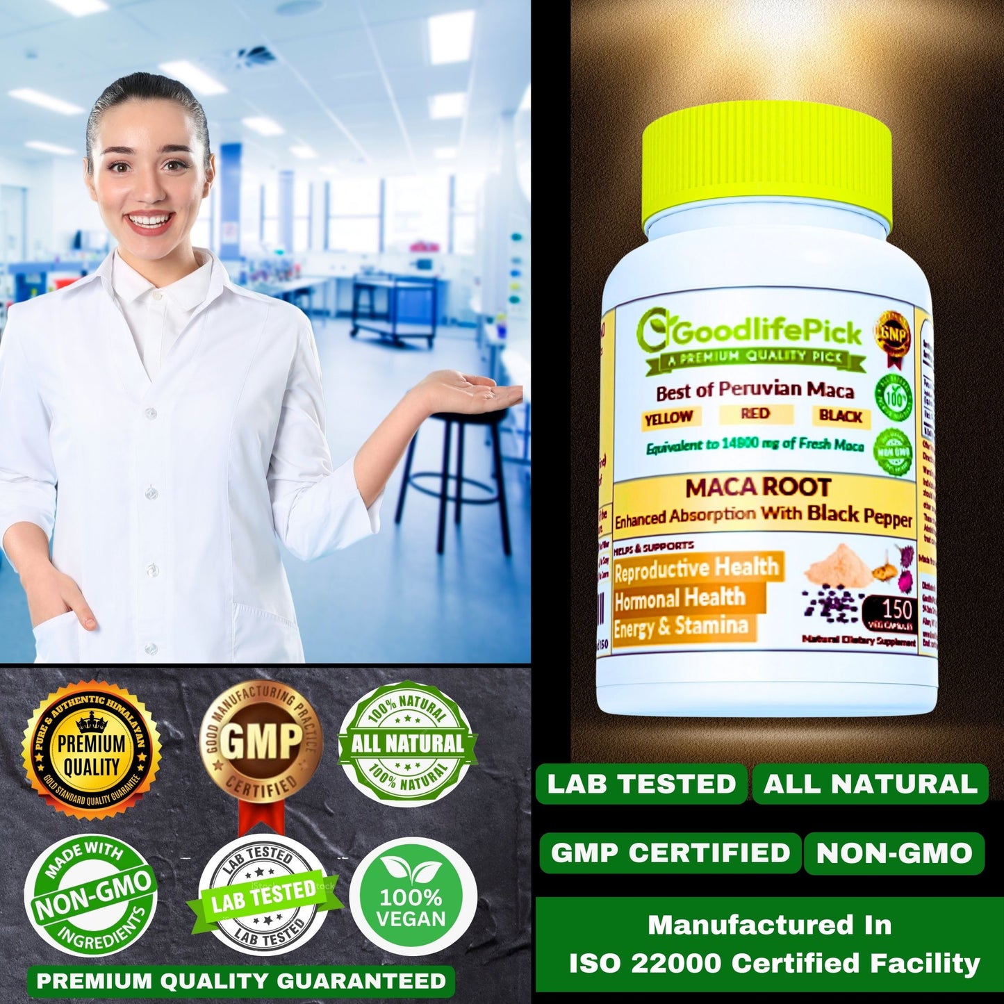 Best Maca Root Capsules with Black Pepper-150 capsules from Peruvian Yellow Maca , Red Maca & Black Maca.