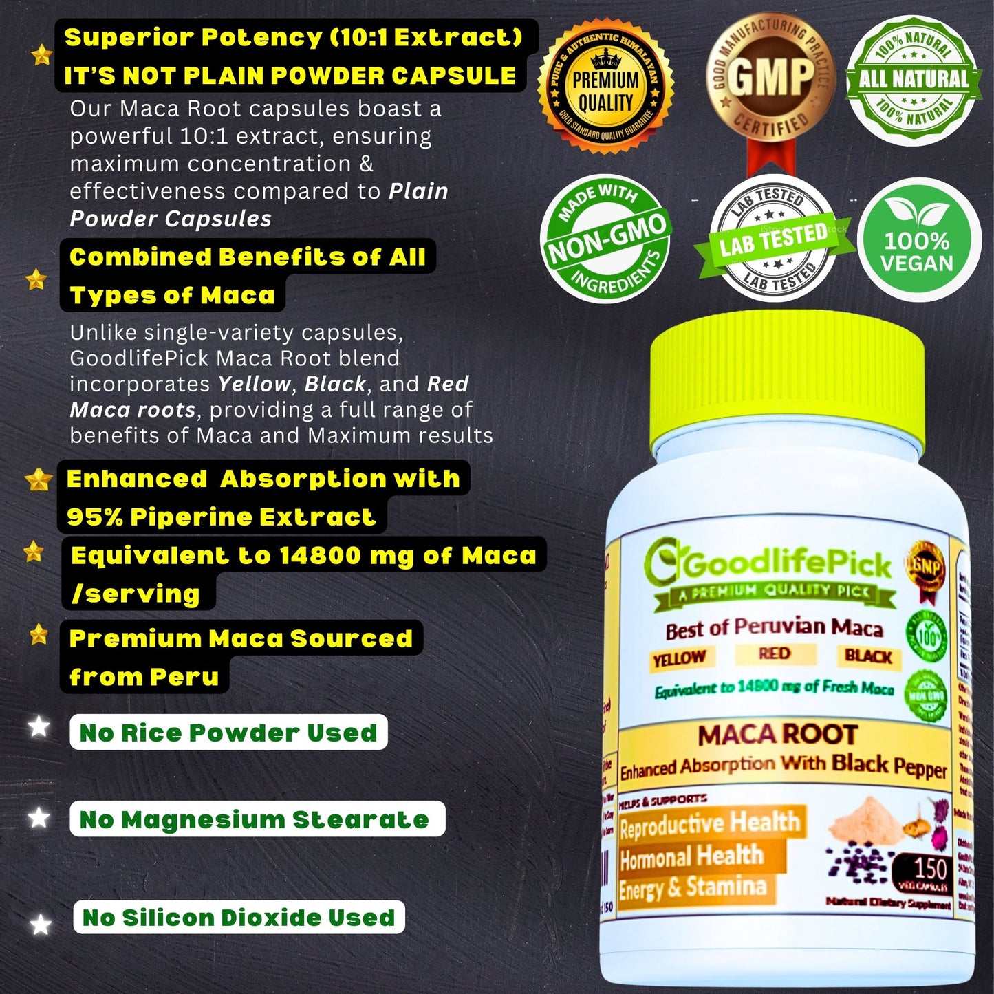 Best Maca Root Capsules with Black Pepper-150 capsules from Peruvian Yellow Maca , Red Maca & Black Maca.