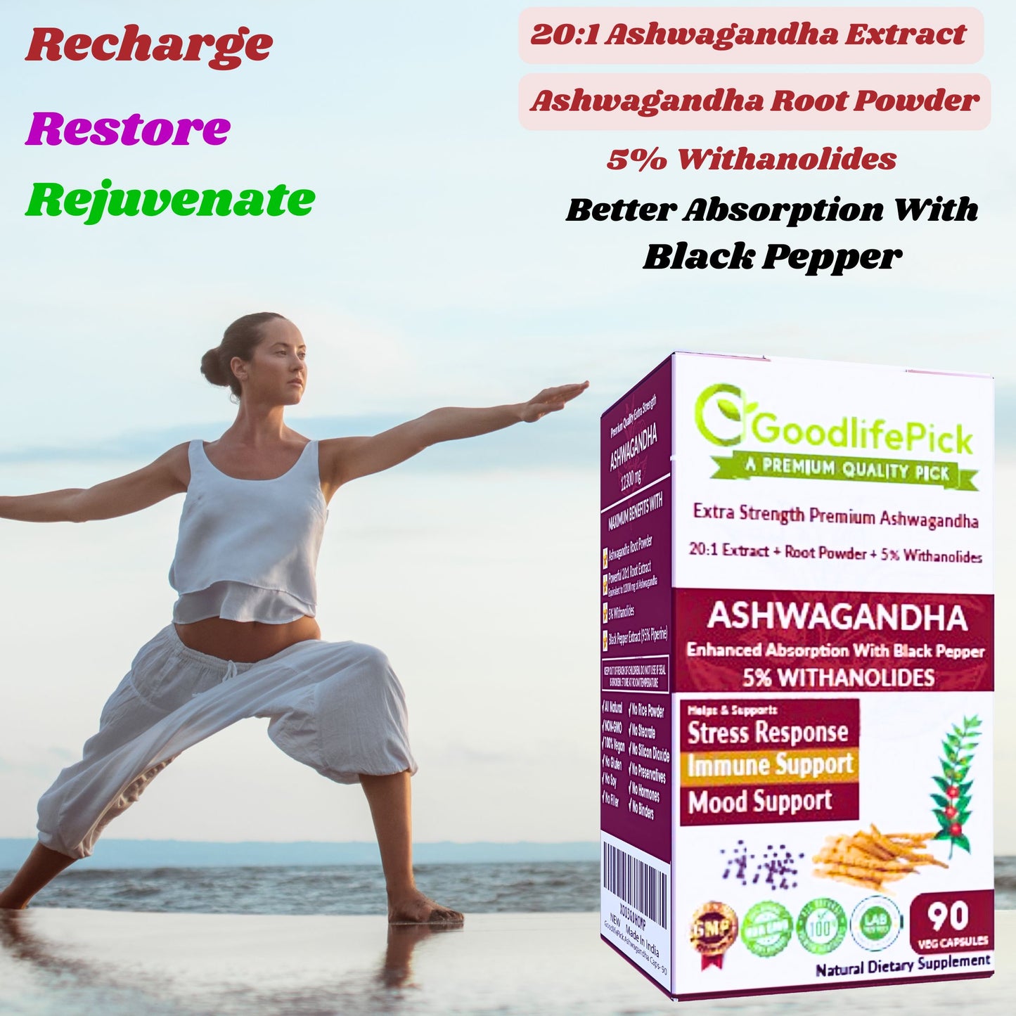 Ashwagandha with Black Pepper Capsules. Powerful 12300 mg with 5% Withanolides for Maximum Benefits- 90ct