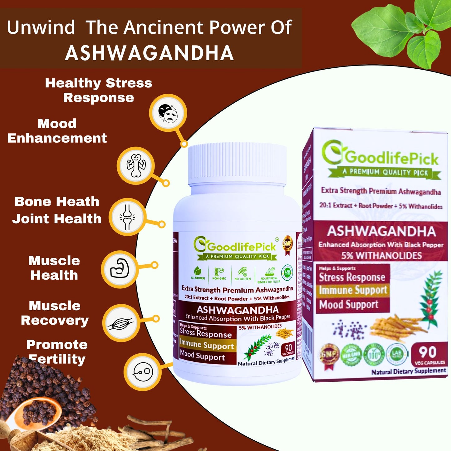 Ashwagandha with Black Pepper Capsules. Powerful 12300 mg with 5% Withanolides for Maximum Benefits- 90ct