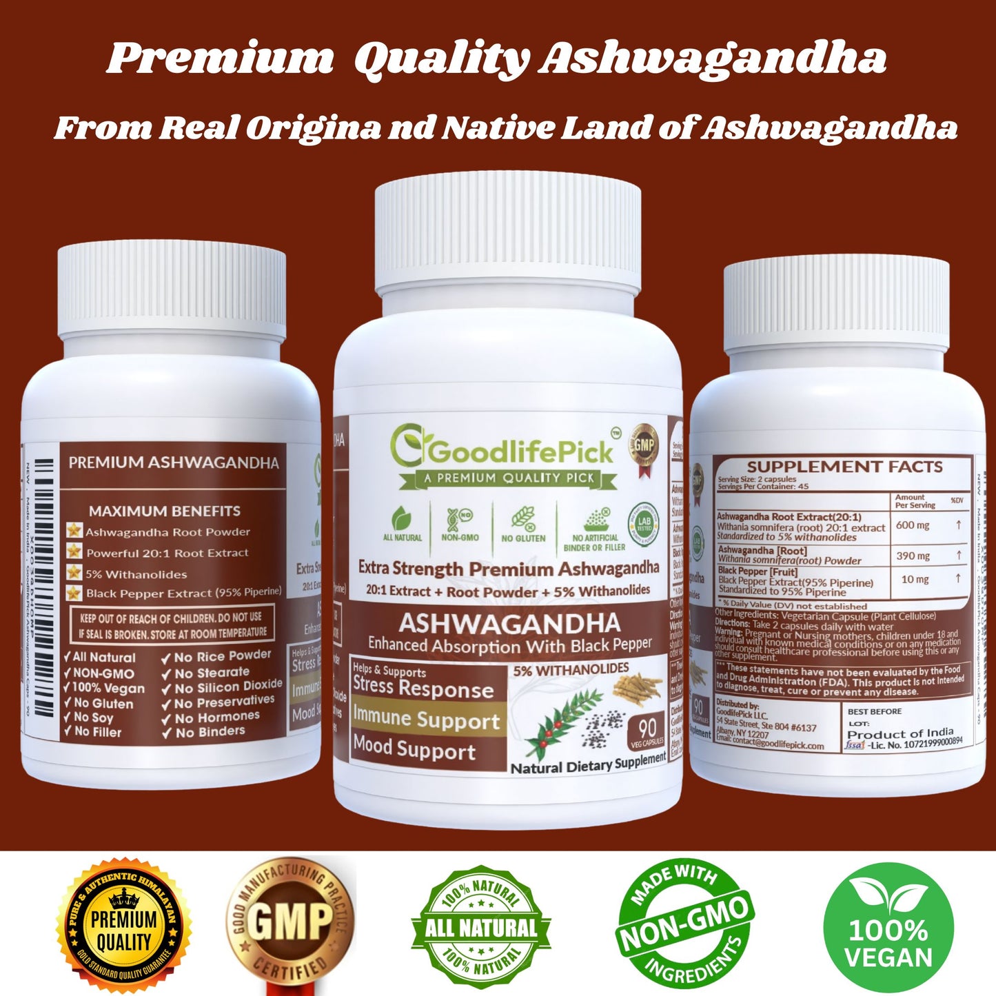 Ashwagandha with Black Pepper Capsules. Powerful 12300 mg with 5% Withanolides for Maximum Benefits- 90ct