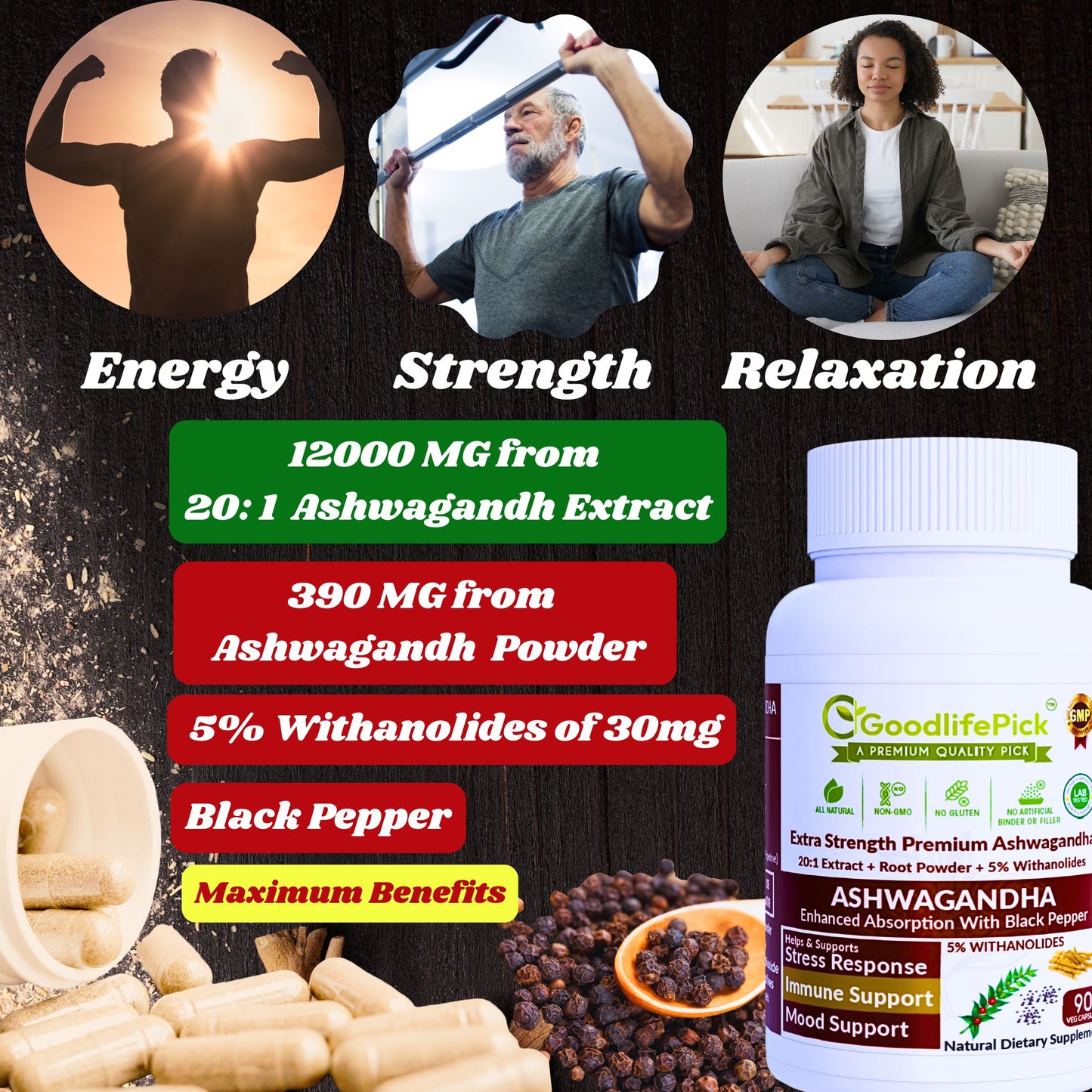 Ashwagandha with Black Pepper Capsules. Powerful 12300 mg with 5% Withanolides for Maximum Benefits- 90ct