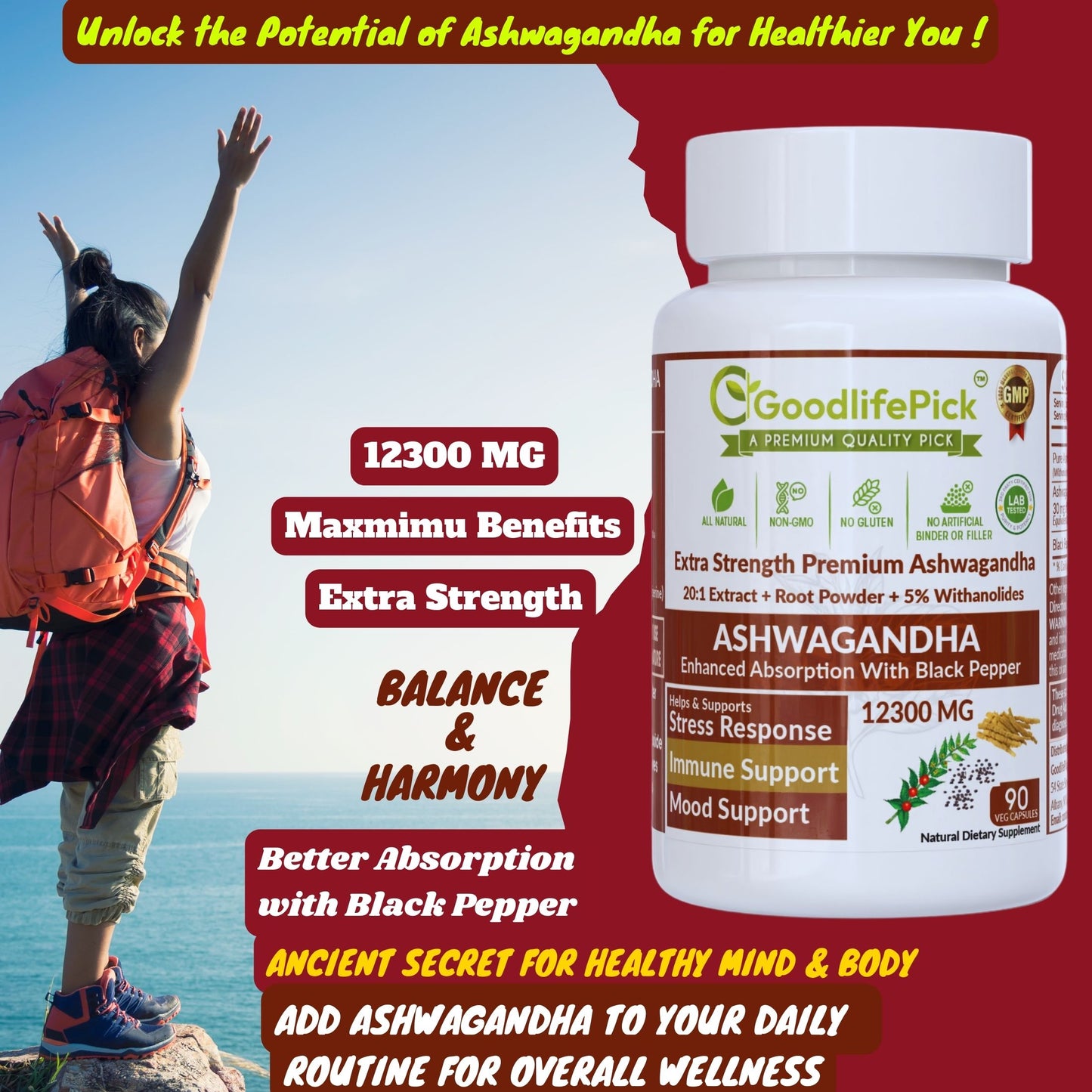 Ashwagandha with Black Pepper Capsules. Powerful 12300 mg with 5% Withanolides for Maximum Benefits- 90ct