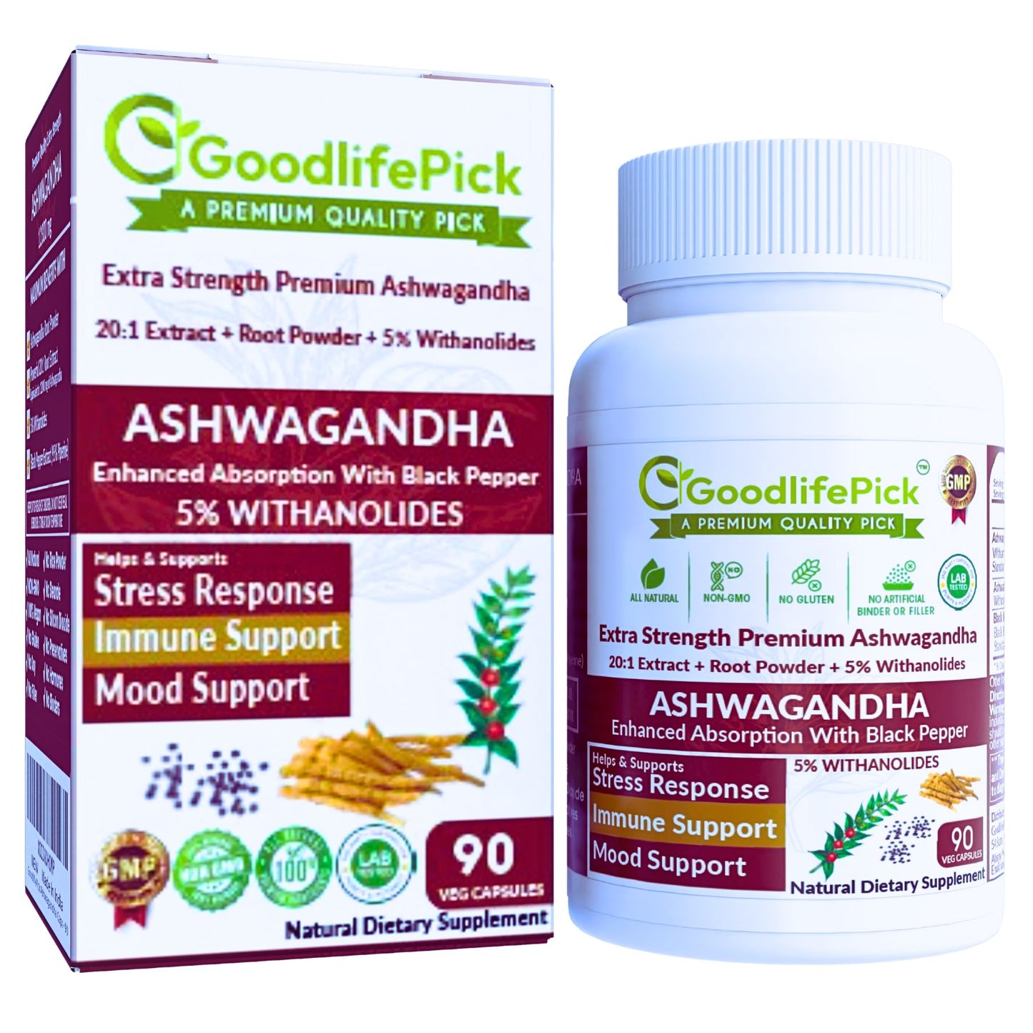 Ashwagandha with Black Pepper Capsules. Powerful 12300 mg with 5% Withanolides for Maximum Benefits- 90ct