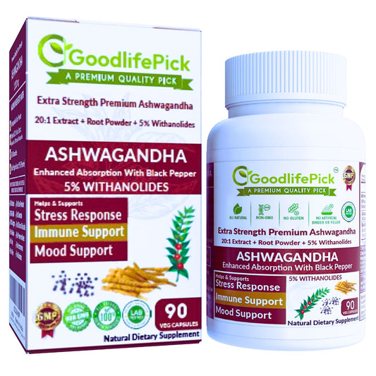 Ashwagandha with Black Pepper Capsules. Powerful 12300 mg with 5% Withanolides for Maximum Benefits- 90ct
