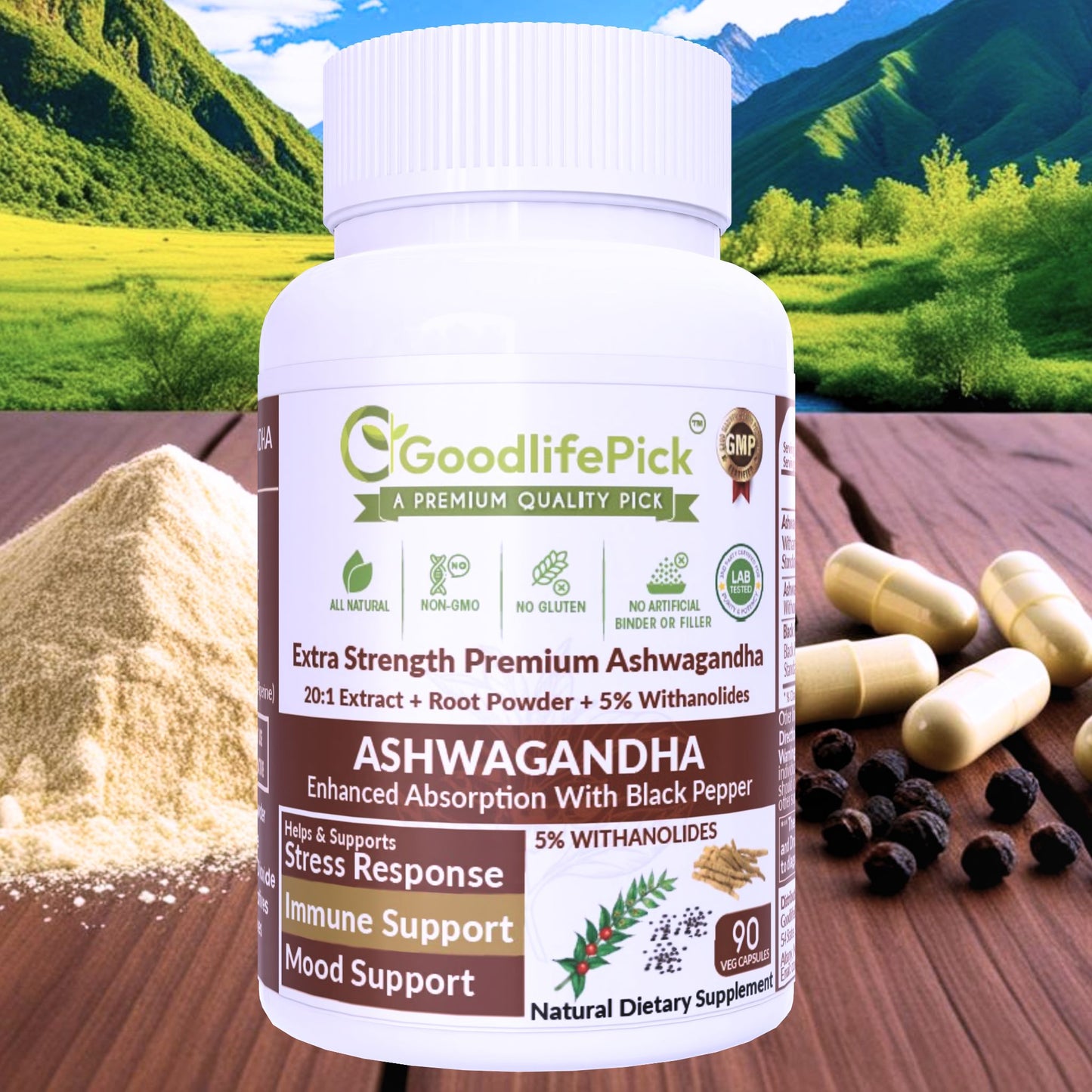 Ashwagandha with Black Pepper Capsules. Powerful 12300 mg with 5% Withanolides for Maximum Benefits- 90ct