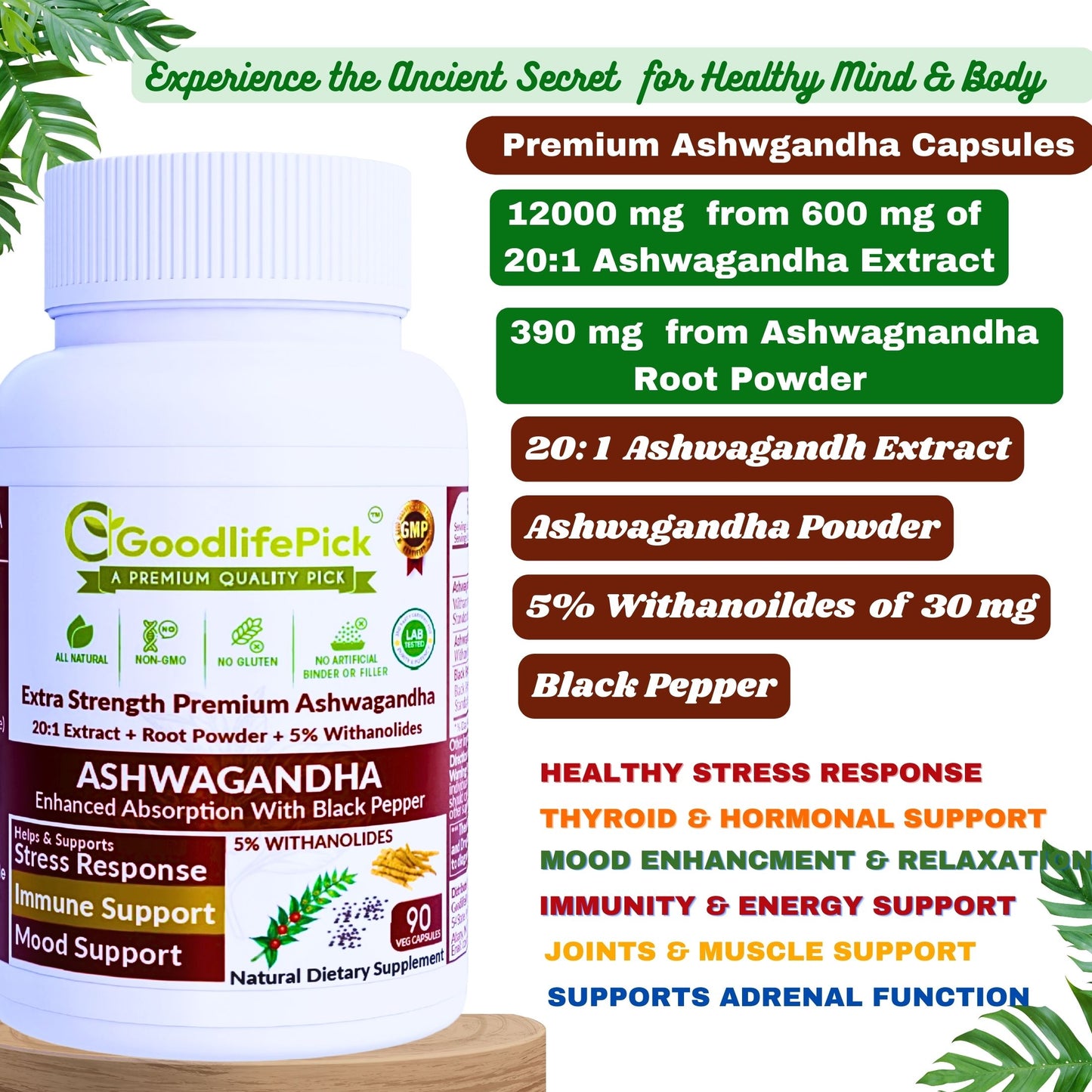 Ashwagandha with Black Pepper Capsules. Powerful 12300 mg with 5% Withanolides for Maximum Benefits- 90ct