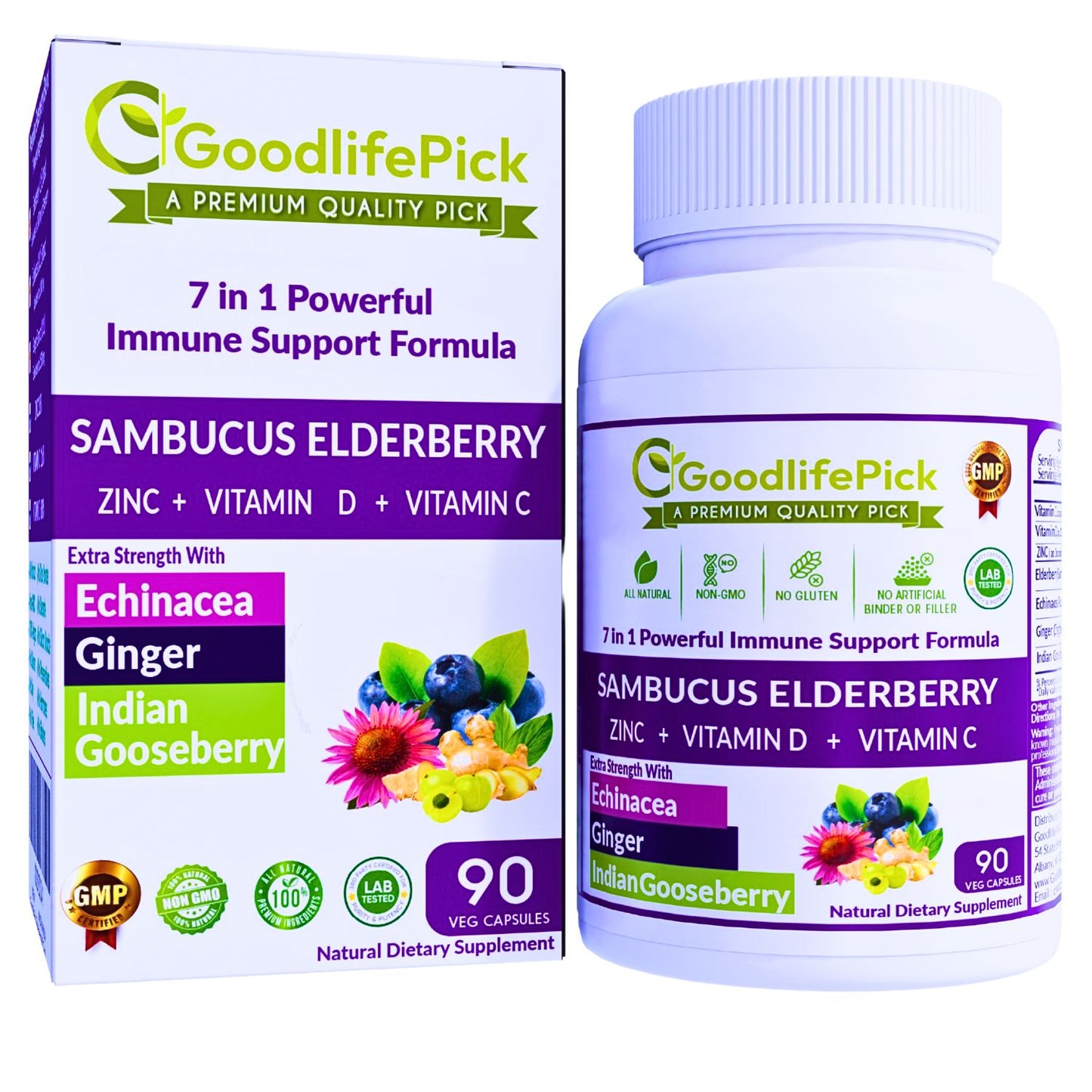 Best Elderberry Blend with 7 Ingredients Sambucus Elderberry Echinacea Zinc Vitamin C & D Ginger & Indian Gooseberry SugarFree, Natural NonGMO-90 capsules
