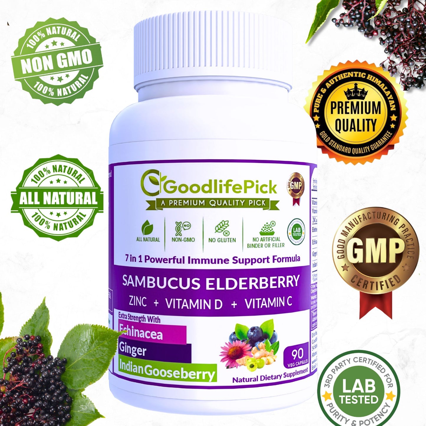 Best Elderberry Blend with 7 Ingredients Sambucus Elderberry Echinacea Zinc Vitamin C & D Ginger & Indian Gooseberry SugarFree, Natural NonGMO-90 capsules