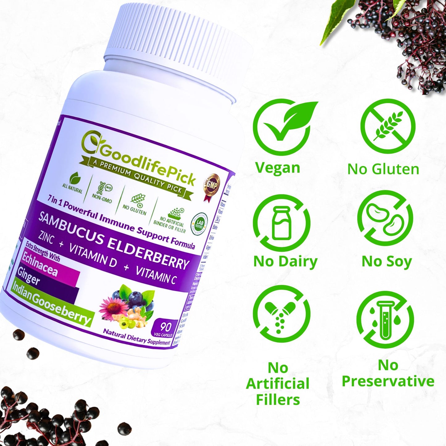 Best Elderberry Blend with 7 Ingredients Sambucus Elderberry Echinacea Zinc Vitamin C & D Ginger & Indian Gooseberry SugarFree, Natural NonGMO-90 capsules