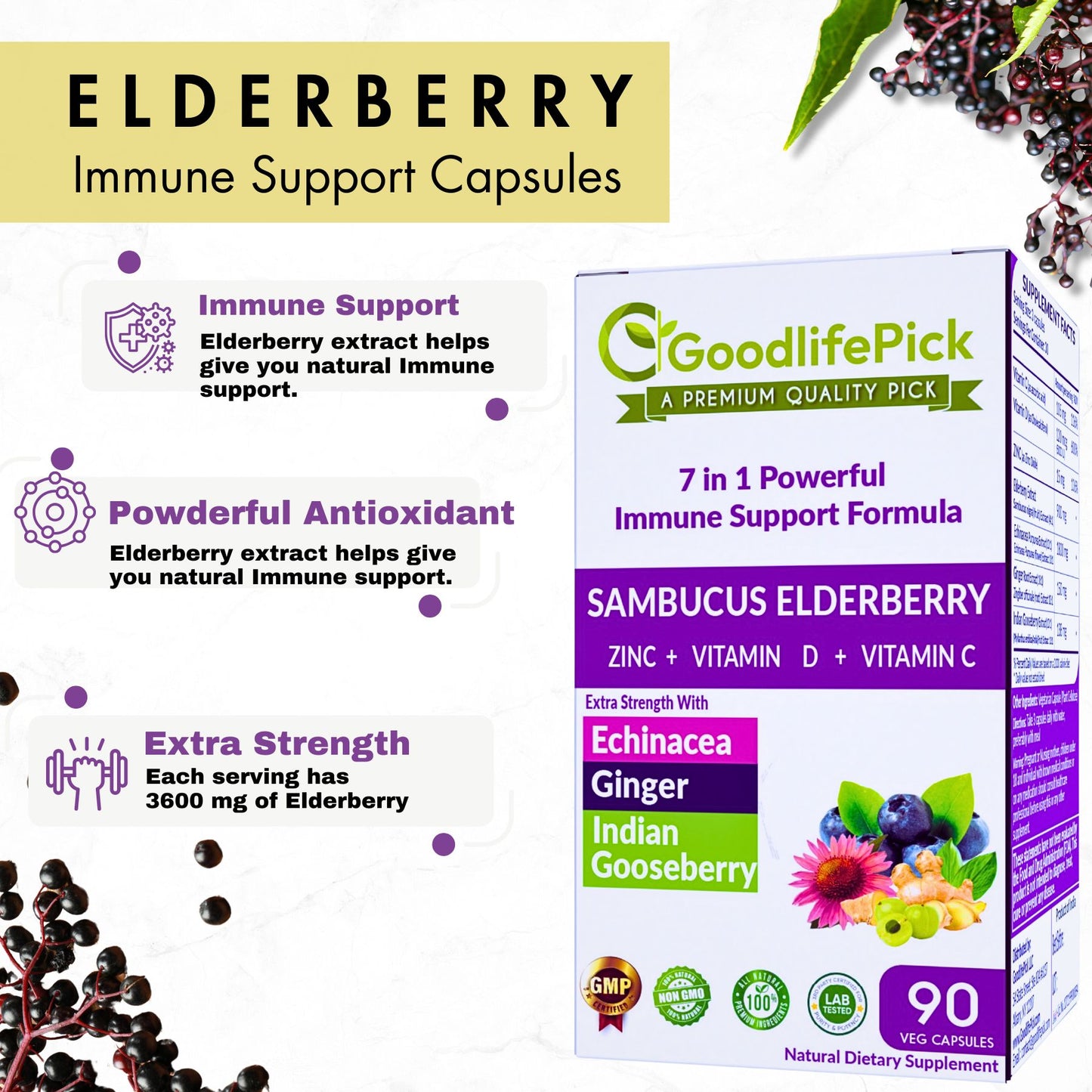 Best Elderberry Blend with 7 Ingredients Sambucus Elderberry Echinacea Zinc Vitamin C & D Ginger & Indian Gooseberry SugarFree, Natural NonGMO-90 capsules