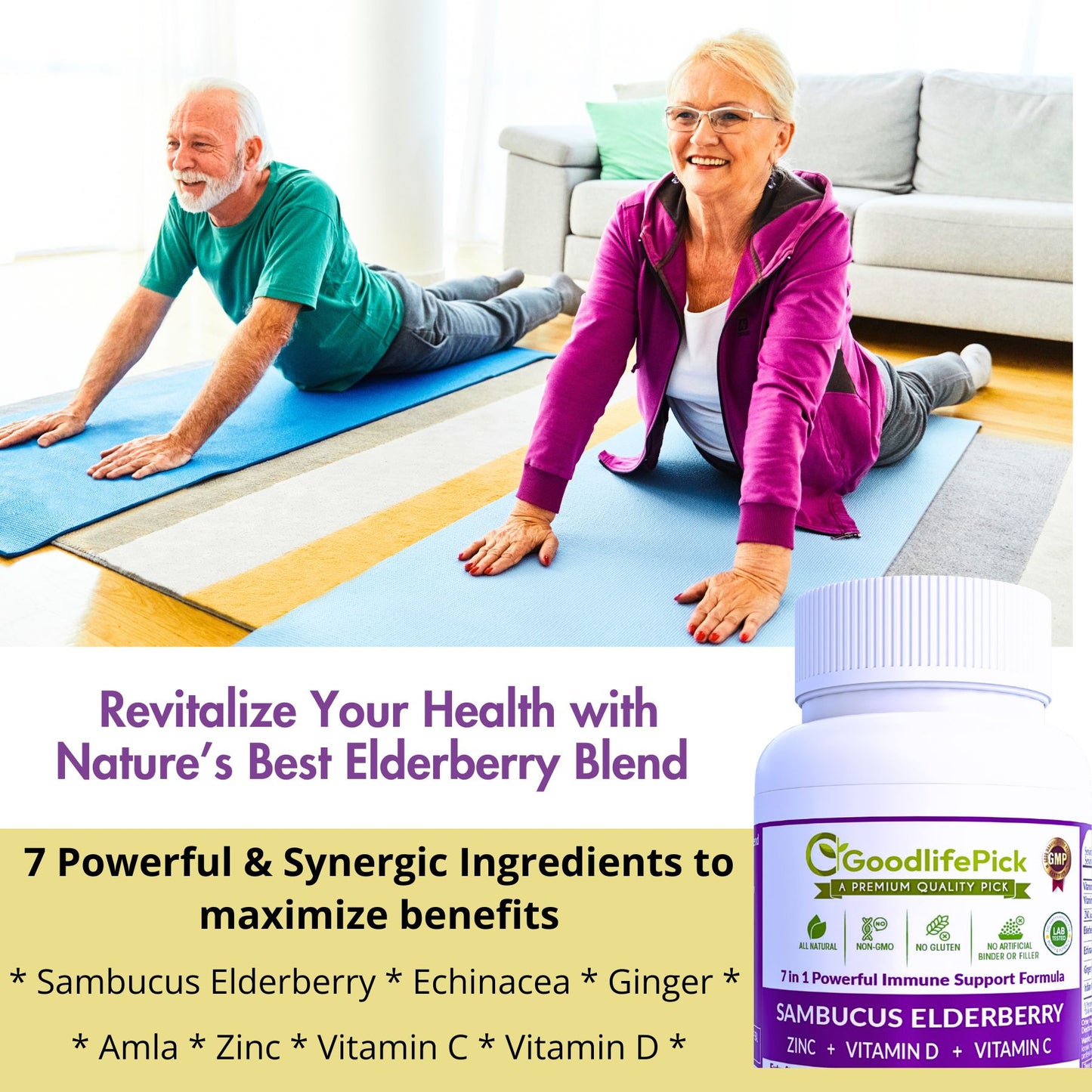Best Elderberry Blend with 7 Ingredients Sambucus Elderberry Echinacea Zinc Vitamin C & D Ginger & Indian Gooseberry SugarFree, Natural NonGMO-90 capsules