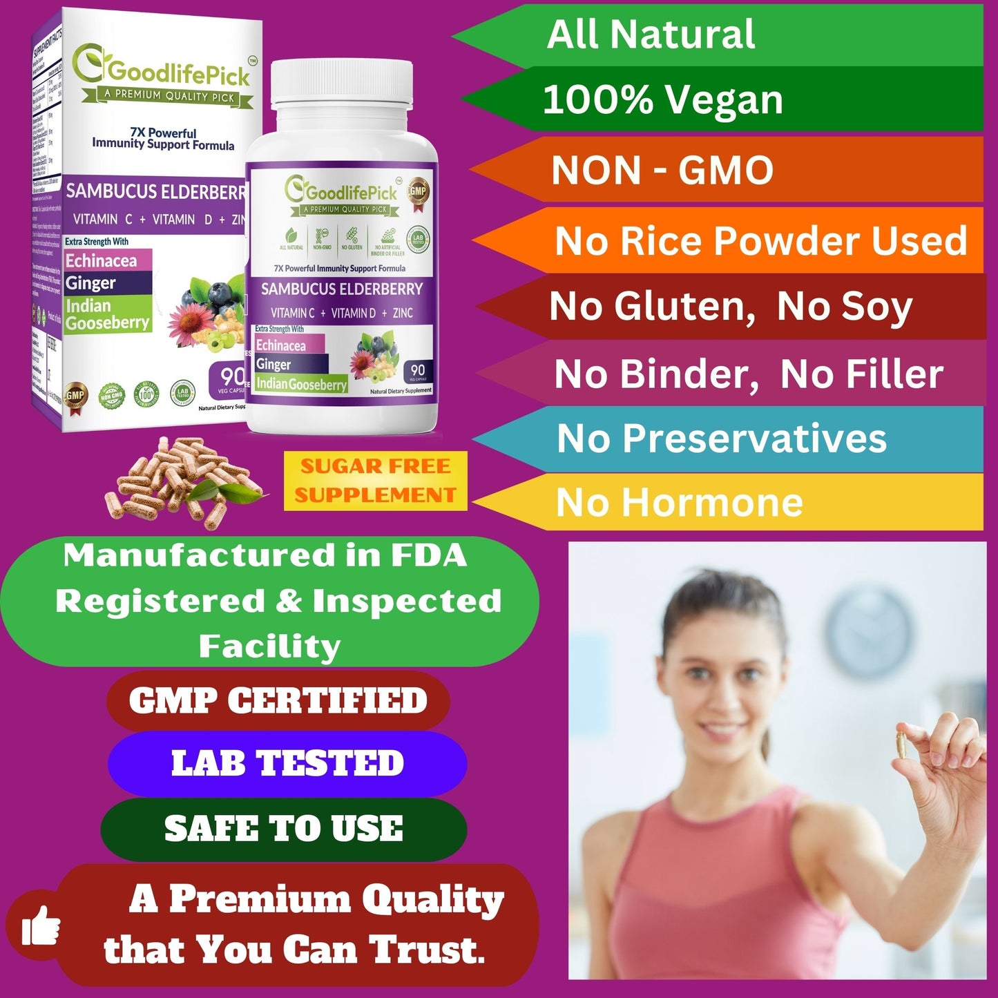 Best Elderberry Blend with 7 Ingredients Sambucus Elderberry Echinacea Zinc Vitamin C & D Ginger & Indian Gooseberry SugarFree, Natural NonGMO-90 capsules