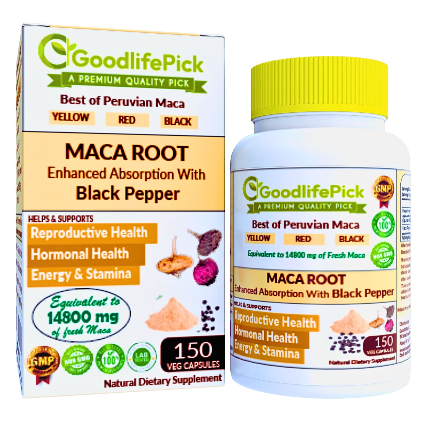 Best Maca Root Capsules with Black Pepper-150 capsules from Peruvian Yellow Maca , Red Maca & Black Maca.