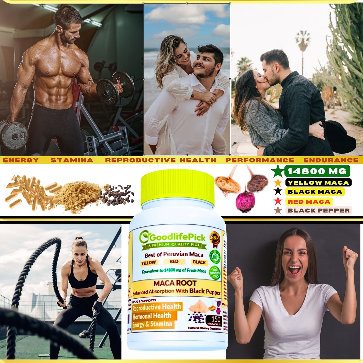Best Maca Root Capsules with Black Pepper-150 capsules from Peruvian Yellow Maca , Red Maca & Black Maca.