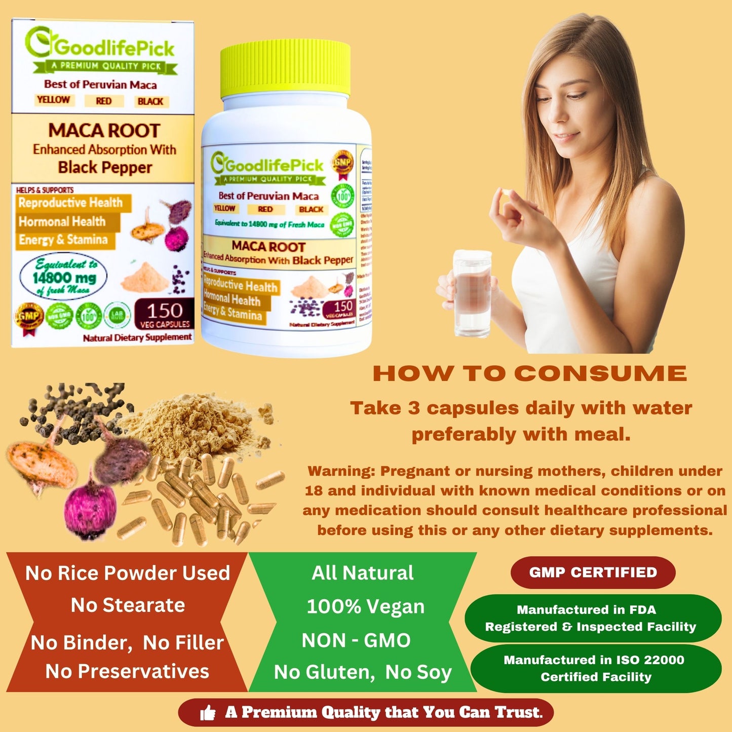 Best Maca Root Capsules with Black Pepper-150 capsules from Peruvian Yellow Maca , Red Maca & Black Maca.