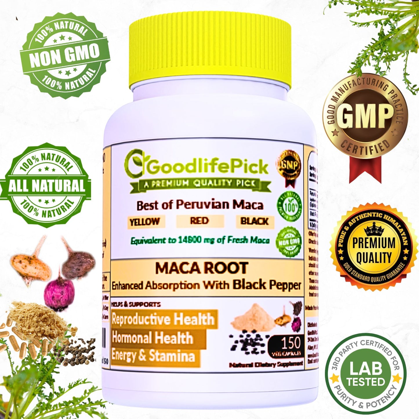 Best Maca Root Capsules with Black Pepper-150 capsules from Peruvian Yellow Maca , Red Maca & Black Maca.