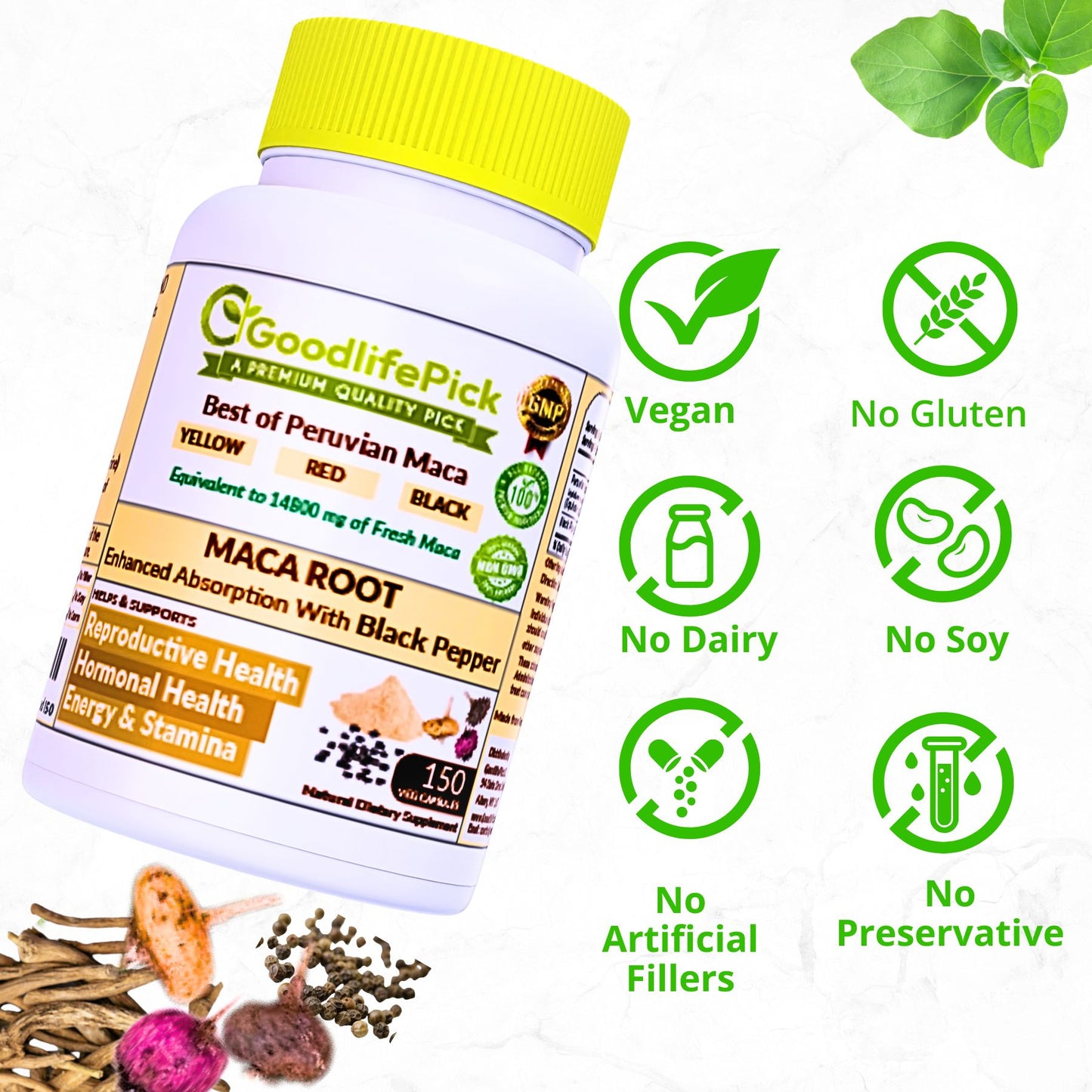 Best Maca Root Capsules with Black Pepper-150 capsules from Peruvian Yellow Maca , Red Maca & Black Maca.