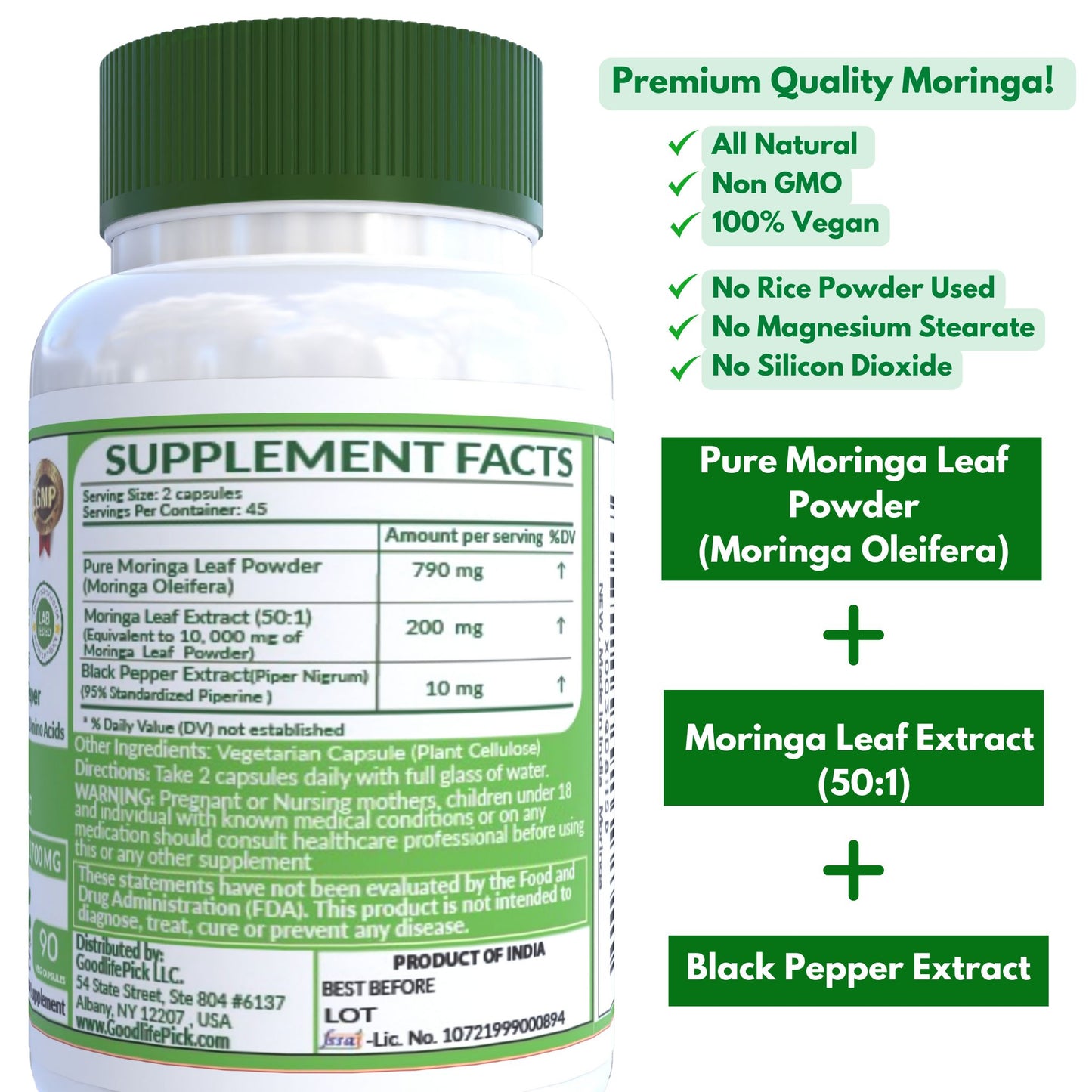 Premium Moringa Capsules with Black Pepper. Powerful 10,700 mg from Finest Handpicked Moringa oleifera Leaf Powder & Powerful 50:1 Moringa Extract
