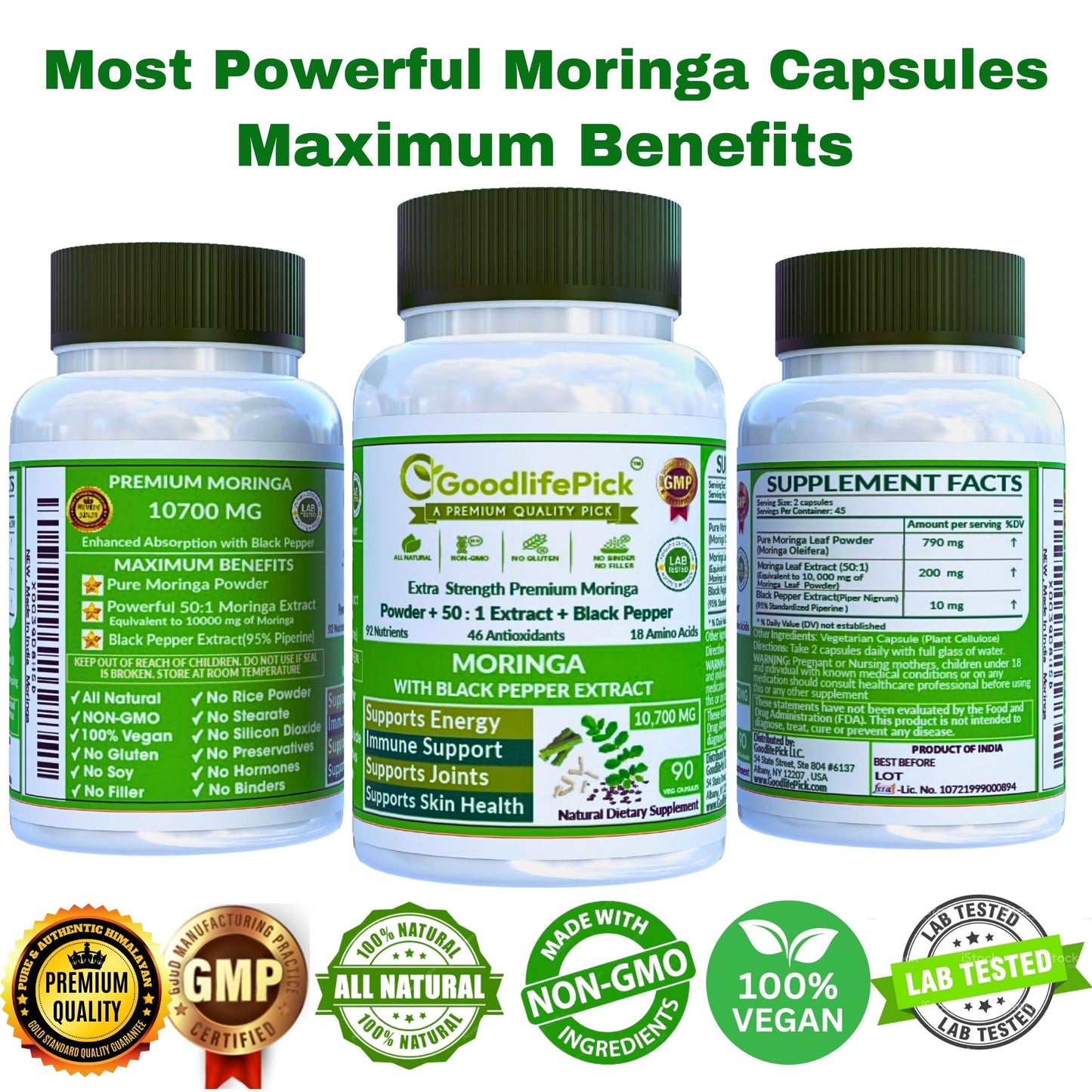 Premium Moringa Capsules with Black Pepper. Powerful 10,700 mg from Finest Handpicked Moringa oleifera Leaf Powder & Powerful 50:1 Moringa Extract