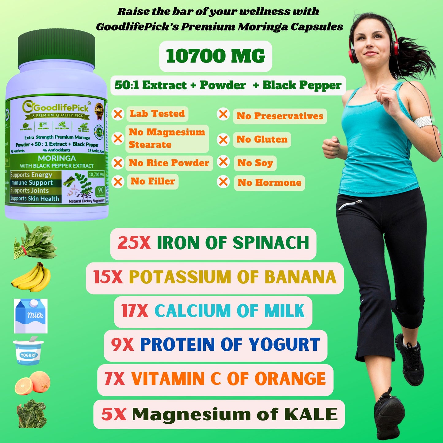 Premium Moringa Capsules with Black Pepper. Powerful 10,700 mg from Finest Handpicked Moringa oleifera Leaf Powder & Powerful 50:1 Moringa Extract