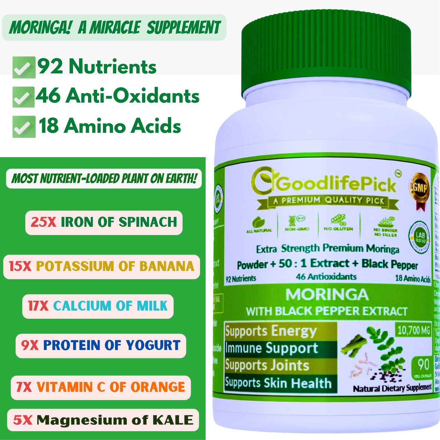 Premium Moringa Capsules with Black Pepper. Powerful 10,700 mg from Finest Handpicked Moringa oleifera Leaf Powder & Powerful 50:1 Moringa Extract