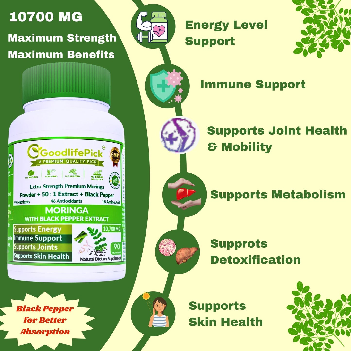 Premium Moringa Capsules with Black Pepper. Powerful 10,700 mg from Finest Handpicked Moringa oleifera Leaf Powder & Powerful 50:1 Moringa Extract