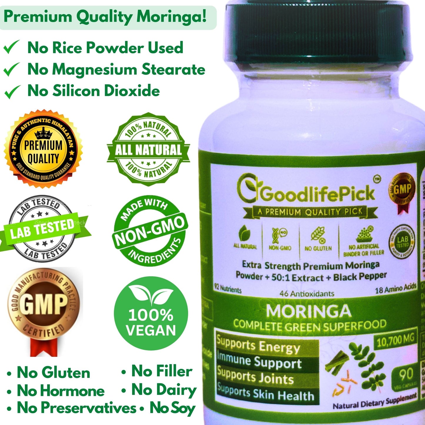 Premium Moringa Capsules with Black Pepper. Powerful 10,700 mg from Finest Handpicked Moringa oleifera Leaf Powder & Powerful 50:1 Moringa Extract
