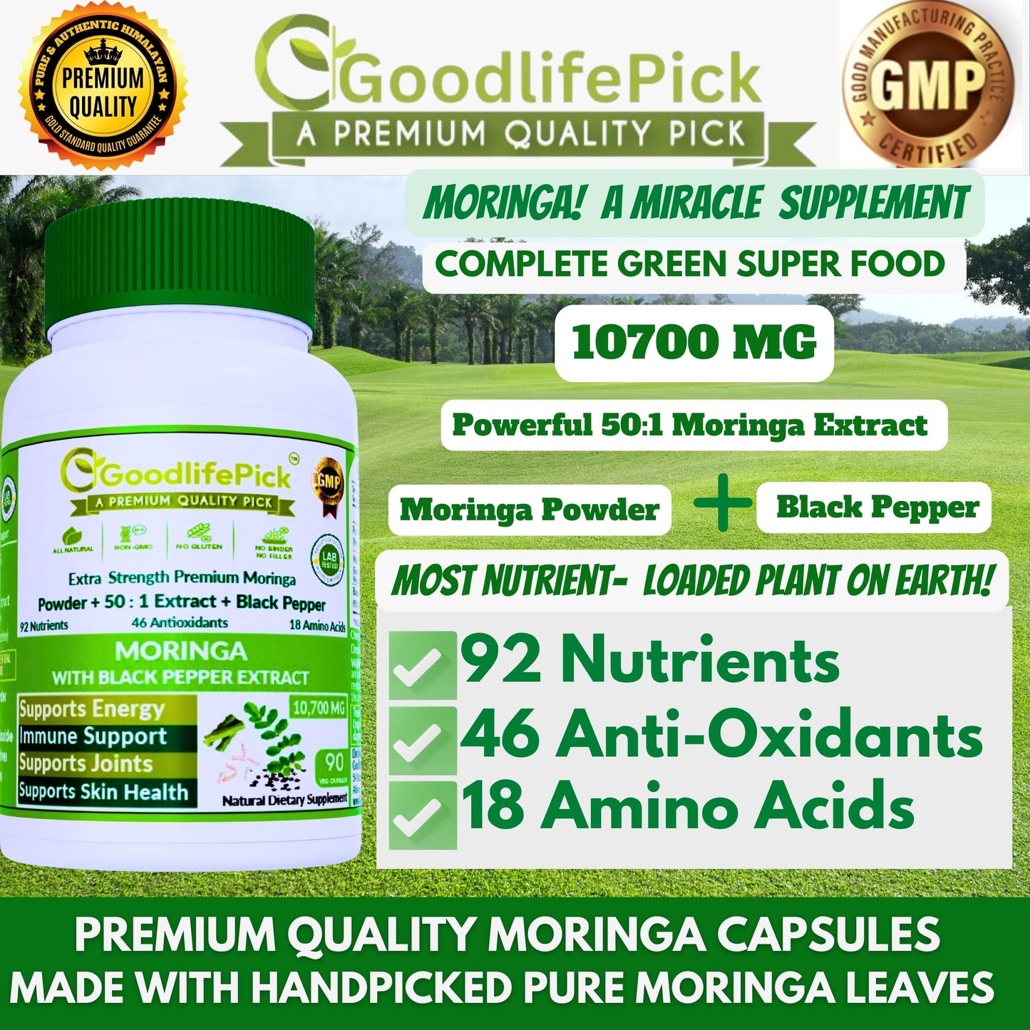 Premium Moringa Capsules with Black Pepper. Powerful 10,700 mg from Finest Handpicked Moringa oleifera Leaf Powder & Powerful 50:1 Moringa Extract