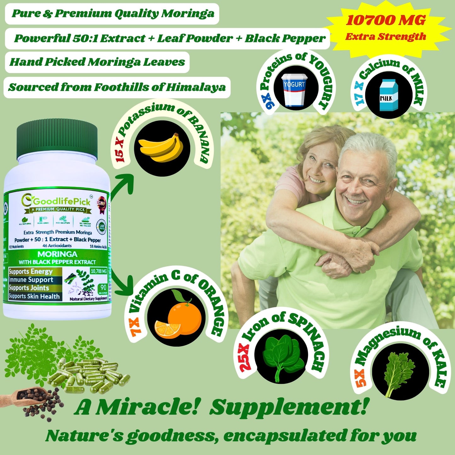 Premium Moringa Capsules with Black Pepper. Powerful 10,700 mg from Finest Handpicked Moringa oleifera Leaf Powder & Powerful 50:1 Moringa Extract