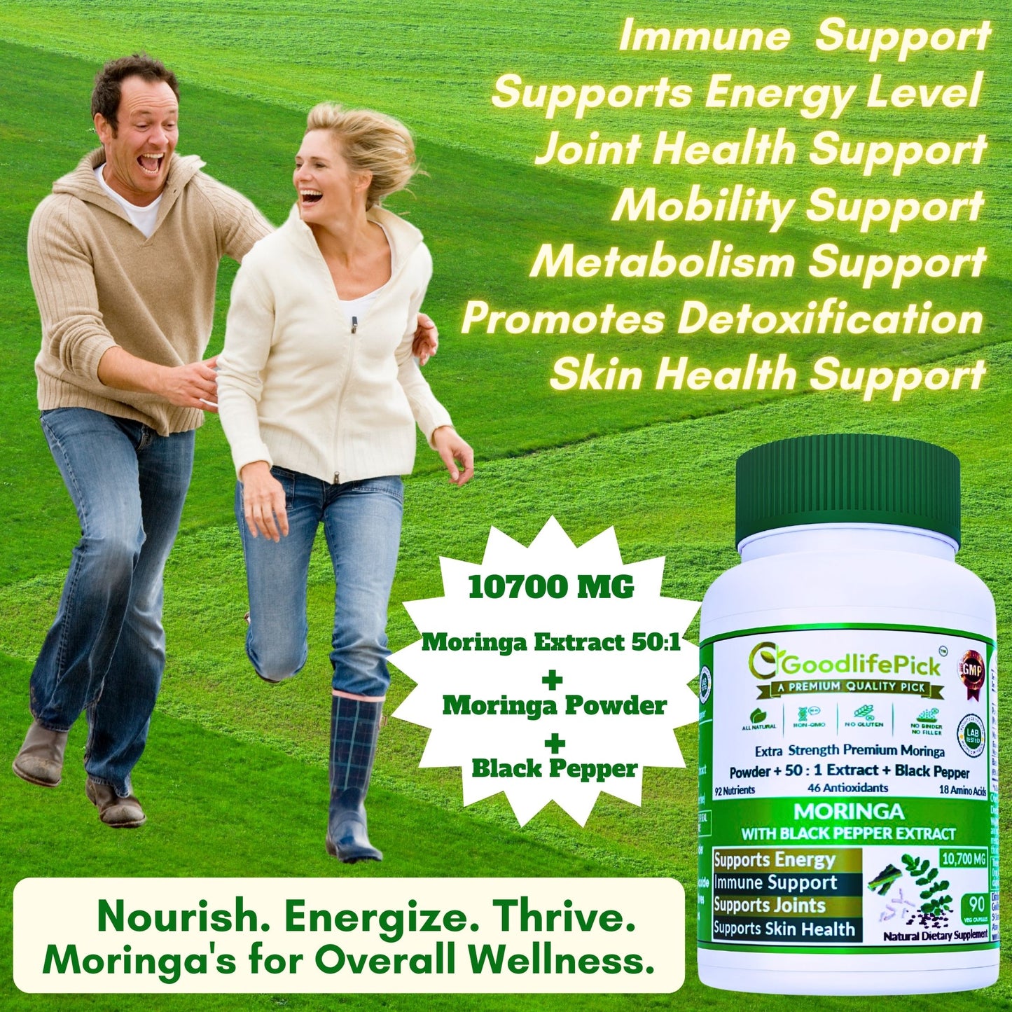 Premium Moringa Capsules with Black Pepper. Powerful 10,700 mg from Finest Handpicked Moringa oleifera Leaf Powder & Powerful 50:1 Moringa Extract