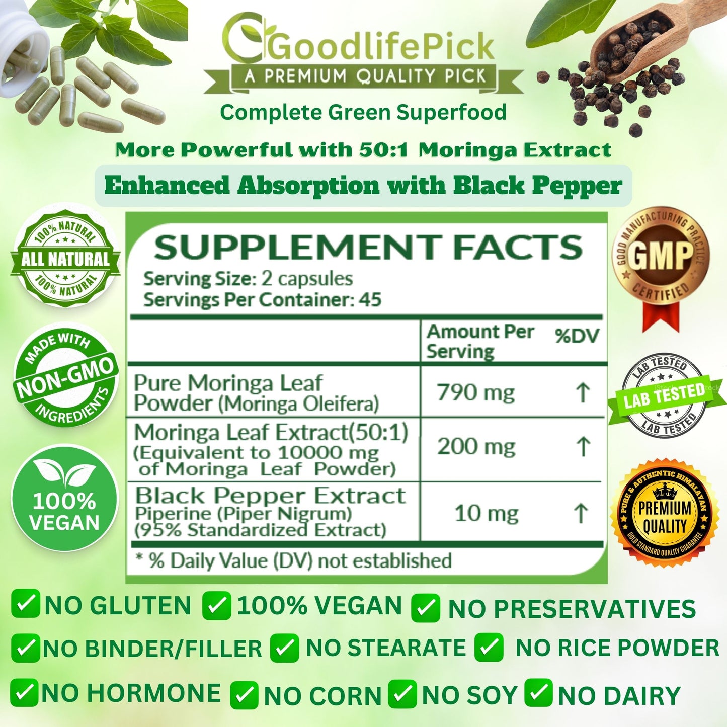 Premium Moringa Capsules with Black Pepper. Powerful 10,700 mg from Finest Handpicked Moringa oleifera Leaf Powder & Powerful 50:1 Moringa Extract