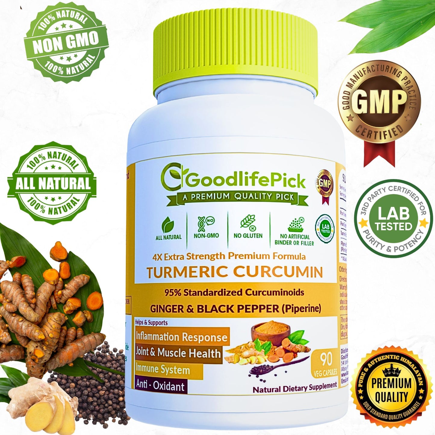 Turmeric Curcumin with Ginger, 95% Curcuminoids & Black Pepper. Powerful & Enhanced Absorption Formula for Maximum Benefits. All Natural NonGMO Lab-Tested No Fillers-90ct
