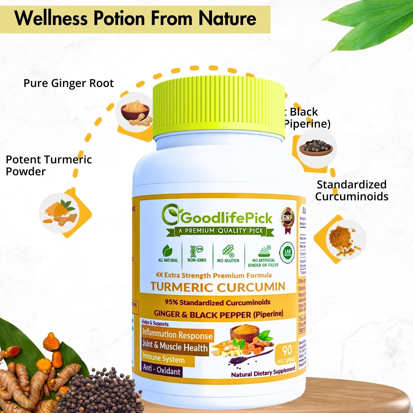 Turmeric Curcumin with Ginger, 95% Curcuminoids & Black Pepper. Powerful & Enhanced Absorption Formula for Maximum Benefits. All Natural NonGMO Lab-Tested No Fillers-90ct