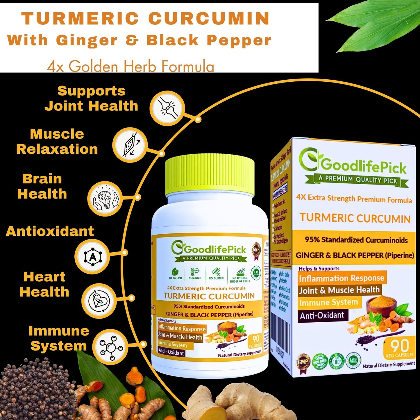 Turmeric Curcumin with Ginger, 95% Curcuminoids & Black Pepper. Powerful & Enhanced Absorption Formula for Maximum Benefits. All Natural NonGMO Lab-Tested No Fillers-90ct