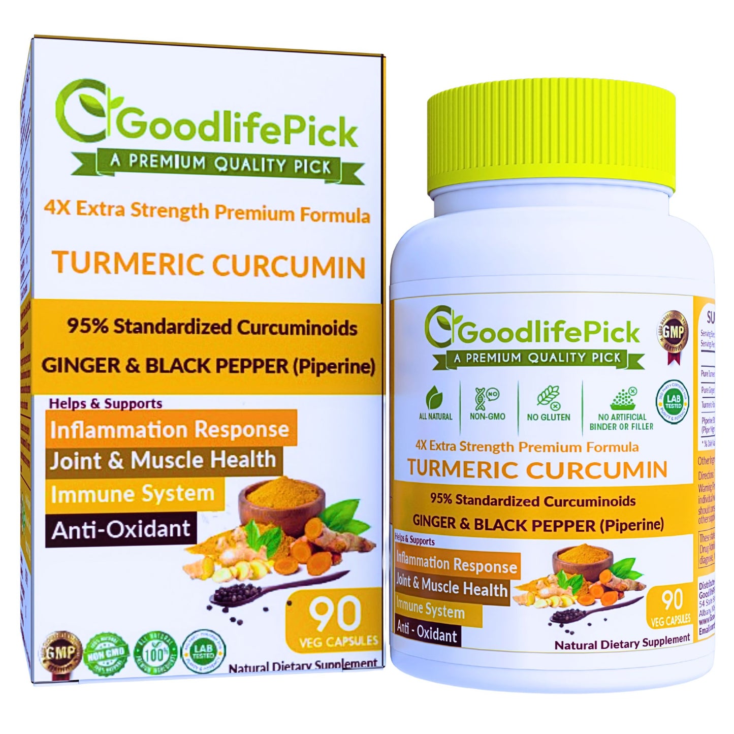 Turmeric Curcumin with Ginger, 95% Curcuminoids & Black Pepper. Powerful & Enhanced Absorption Formula for Maximum Benefits. All Natural NonGMO Lab-Tested No Fillers-90ct