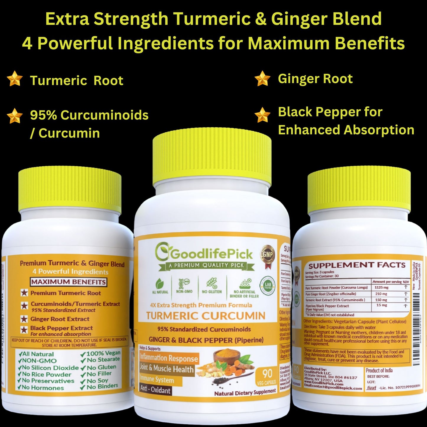 Turmeric Curcumin with Ginger, 95% Curcuminoids & Black Pepper. Powerful & Enhanced Absorption Formula for Maximum Benefits. All Natural NonGMO Lab-Tested No Fillers-90ct