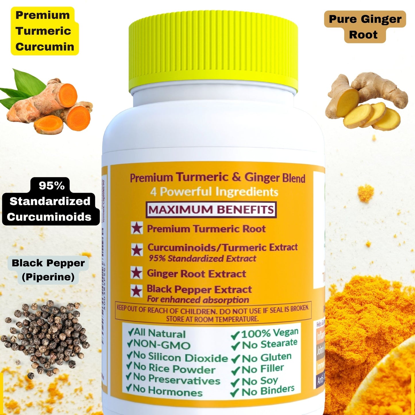 Turmeric Curcumin with Ginger, 95% Curcuminoids & Black Pepper. Powerful & Enhanced Absorption Formula for Maximum Benefits. All Natural NonGMO Lab-Tested No Fillers-90ct