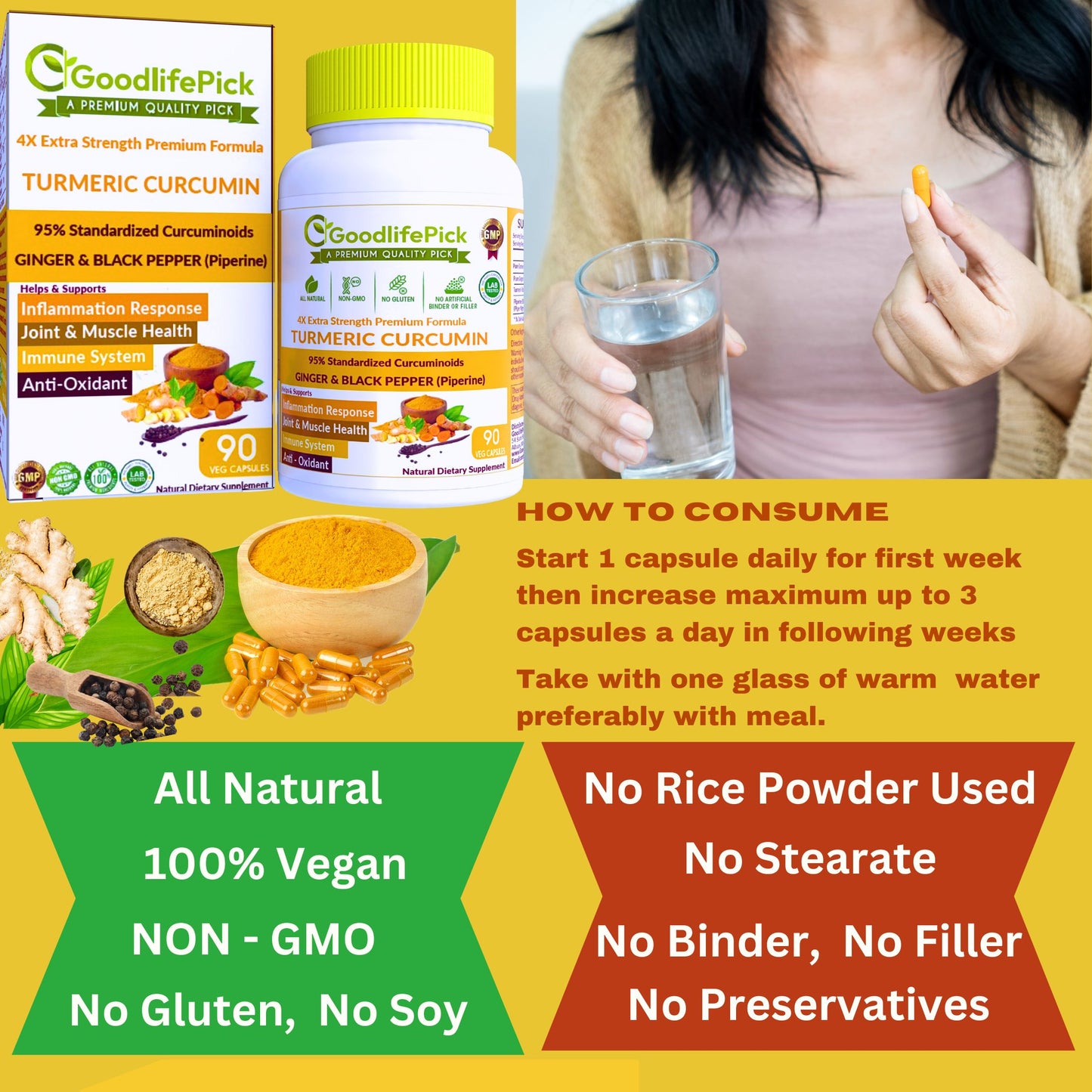 Turmeric Curcumin with Ginger, 95% Curcuminoids & Black Pepper. Powerful & Enhanced Absorption Formula for Maximum Benefits. All Natural NonGMO Lab-Tested No Fillers-90ct