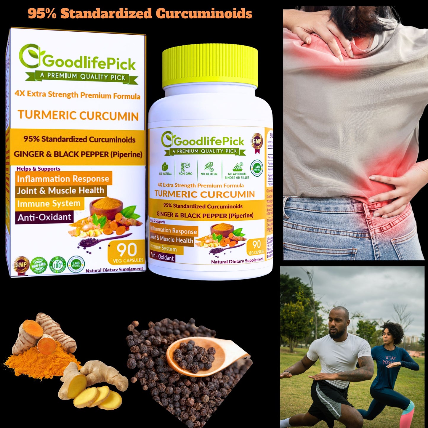 Turmeric Curcumin with Ginger, 95% Curcuminoids & Black Pepper. Powerful & Enhanced Absorption Formula for Maximum Benefits. All Natural NonGMO Lab-Tested No Fillers-90ct